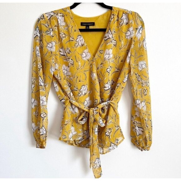 Banana Republic Sz PS SP Yellow Floral Print Chiffon Belted Wrap Top Blouse Dot - Picture 2 of 13